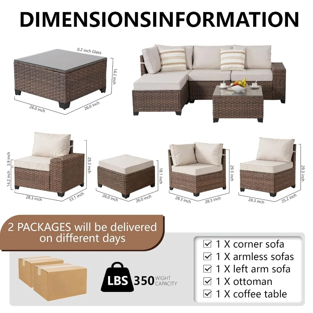 5 Piece Wicker Patio Sectional with Wide Armrests, Weather-Resistant PE Rattan & Steel Frame, Cushions & Coffee Table, Custom