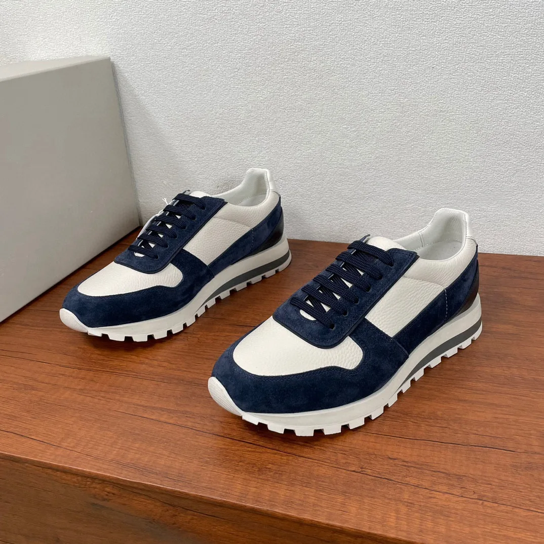

2026 Non-Slip Men's Lace-Up Trainers Grainy Calfskin Suede Patchwork Thick Sole Soft Breathable Premium Casual Sneakers