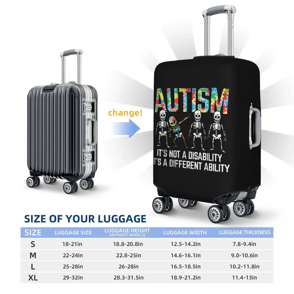 Personalizado Esqueleto Elástico Viagem Bagagem Capa, Autismo Consciência Mala Capa, 18-32 "Bagagem Cobre