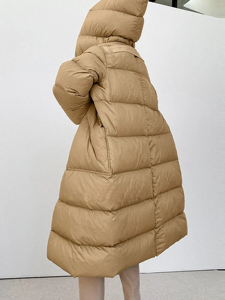 2023 New Oversize Hooded Winter Puffer Jacket Women Solid Thick Warm Sashes Tie Up White Duck Down Over The Knee Coat