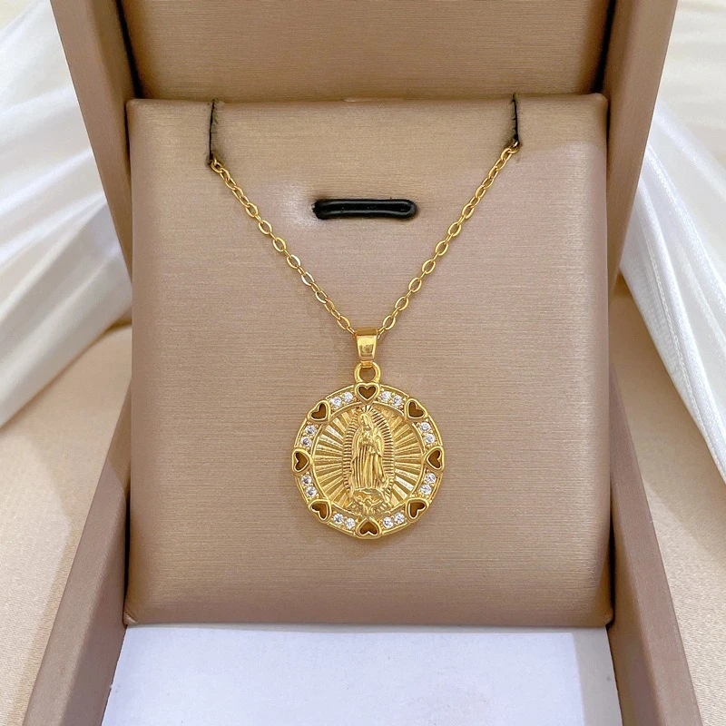 الفاخرة الجوف القلب الزركون مريم العذراء قلادة مستديرة قلادة للنساء الفتيات الفولاذ المقاوم للصدأ سلسلة الذهب اللون مجوهرات هدايا #1