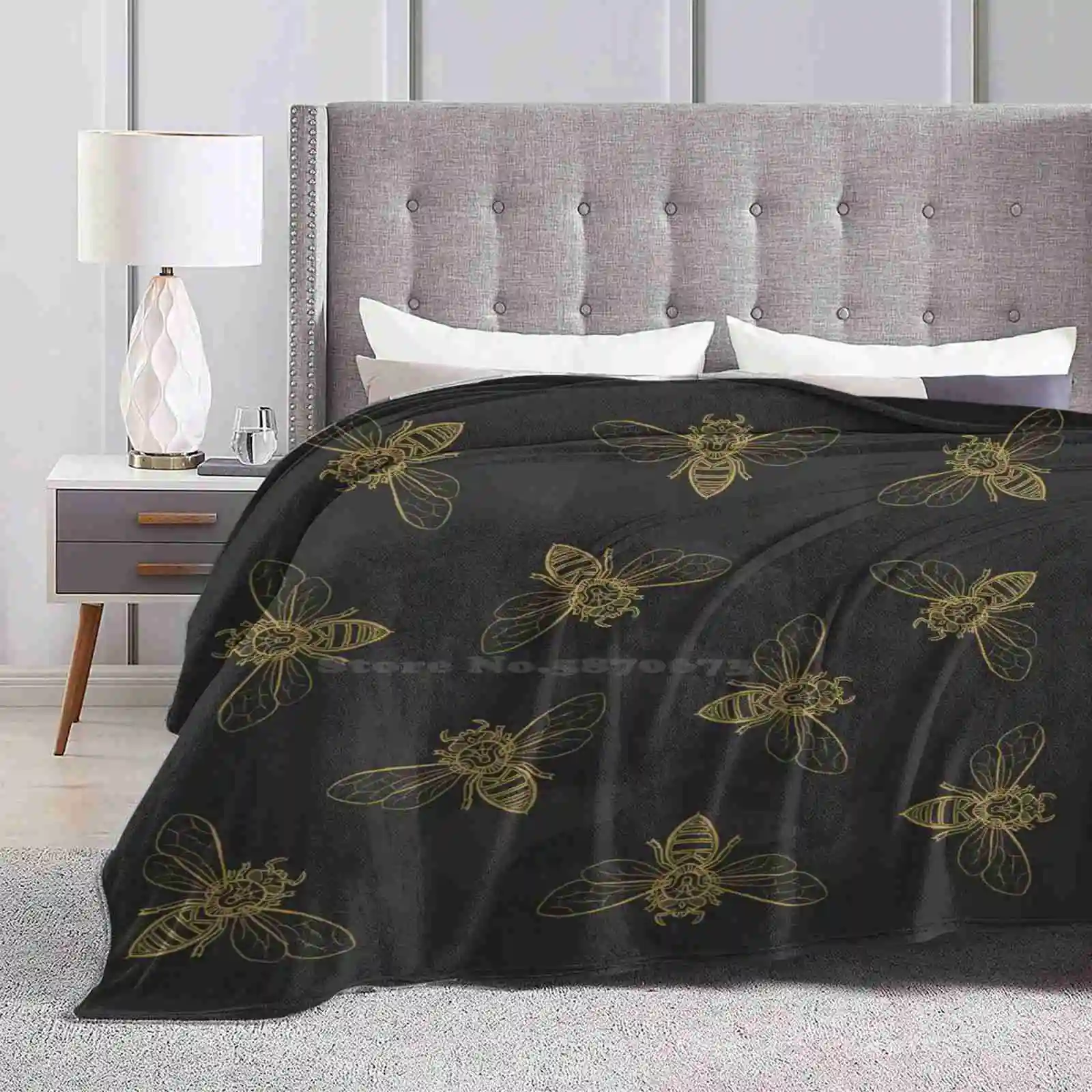 Mandala Bees Trend Style Funny Fashion Soft Throw Blanket Insect Buzz Flower Spring Nature Season Gold Black Yellow Ink Hipster