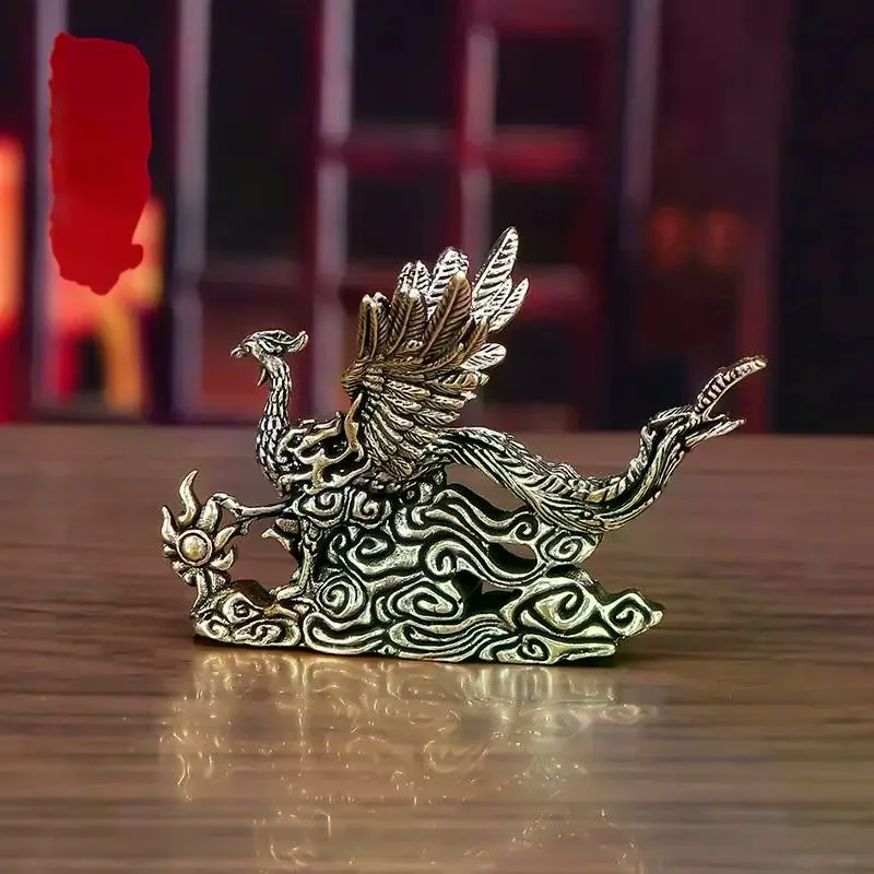 1Pcs Phoenix Blessing Display Figurine Pure Brass Desktop Ornaments Small Decorative Item Tea Ceremony Good Luck Craft Gift