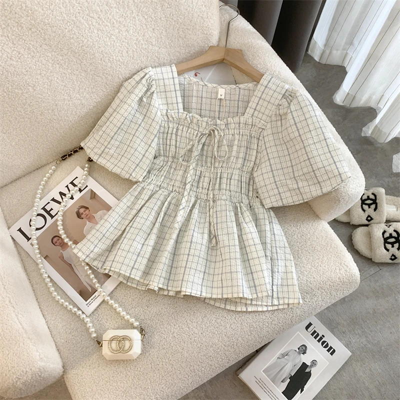 French pleated waist waist bubble sleeve plaid shirt women\'s summer design sense niche square collar show collarbone top