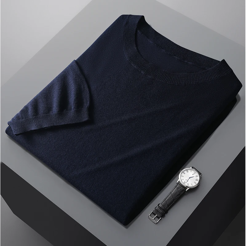 Men's Round Neck Short-Sleeve Shirt Summer New Merino Fine Imitation Wool High End Business Casual Solid Half-sleeve T-shirt Top