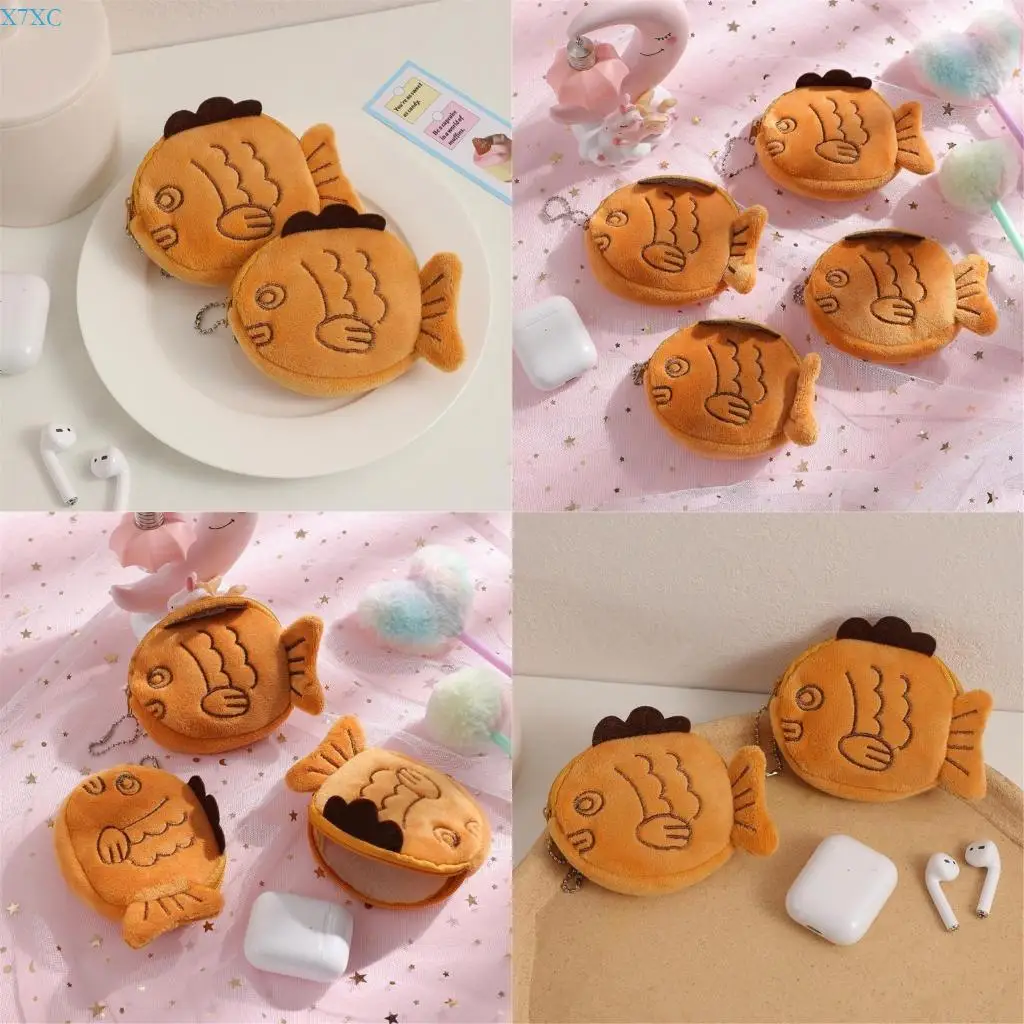 

X7XC Multifunctional Storage Bag Fish Coin Purse Keychain Headphone Bag Plush Sea Animal Wallets Coin with Zippers