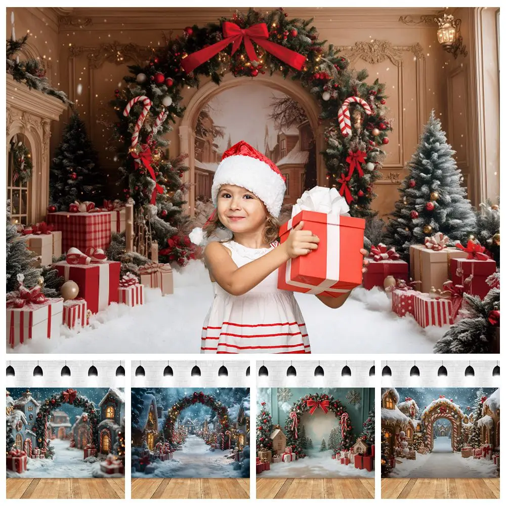 

Winter Christmas Photography Backdrop Wreath Arch Gifts Outdoor Snow Road Candy Cane Kids Portrait Photo Background Photostudio