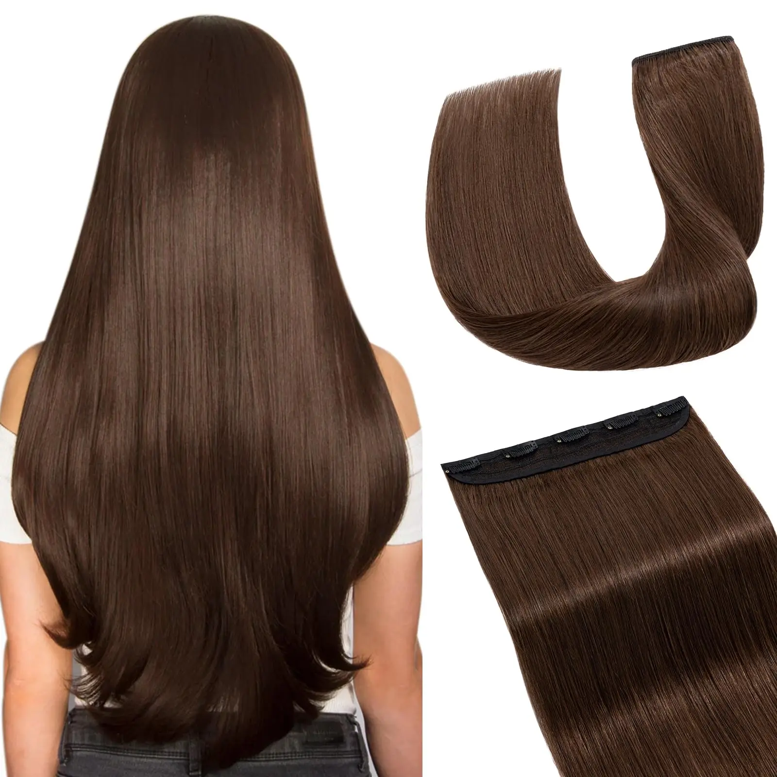 100% Human Hair Clip in Extensions One-piece 5 Clips Long Straight Clip on Hairpiece Half Head Soft Silky #2 Dark Brown