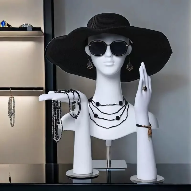 White Gold or Silver Female Mannequin Head with Hands For  Jewelry Display Stand Hat Wig Scarf Bracket