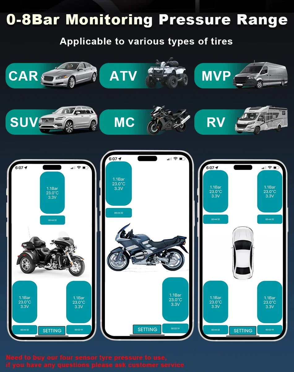 Датчик давления в шинах для мотоцикла и автомобиля, с Bluetooth 5,0