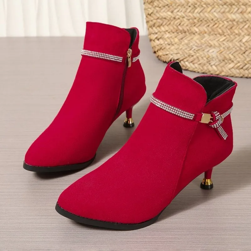Damen High Heels Schuhe Elegante Wildleder Spitzpumps Stilettos Elegante Kurze Stiefel Mode Luxus Kristall für Frauen Herbst – Detail 1