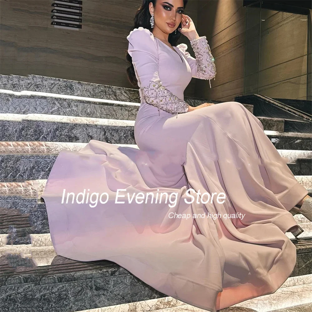 Indigo vestidos de baile sereia com decote em v manga longa miçangas varredura trem plissado vestidos de noite elegantes para mulher فسات