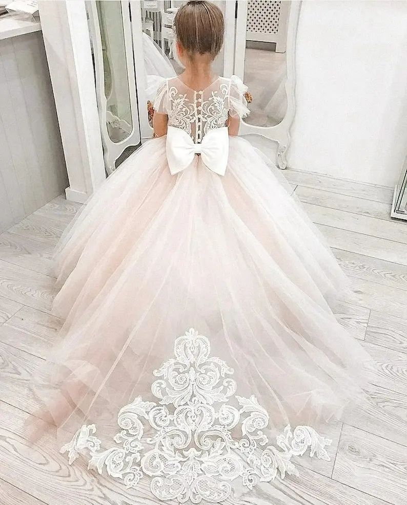 Brilhante princesa menina tule vestido de baile champanhe renda tutu vestido da menina de flor vestido de dama de honra menina para o aniversário de casamento outfit