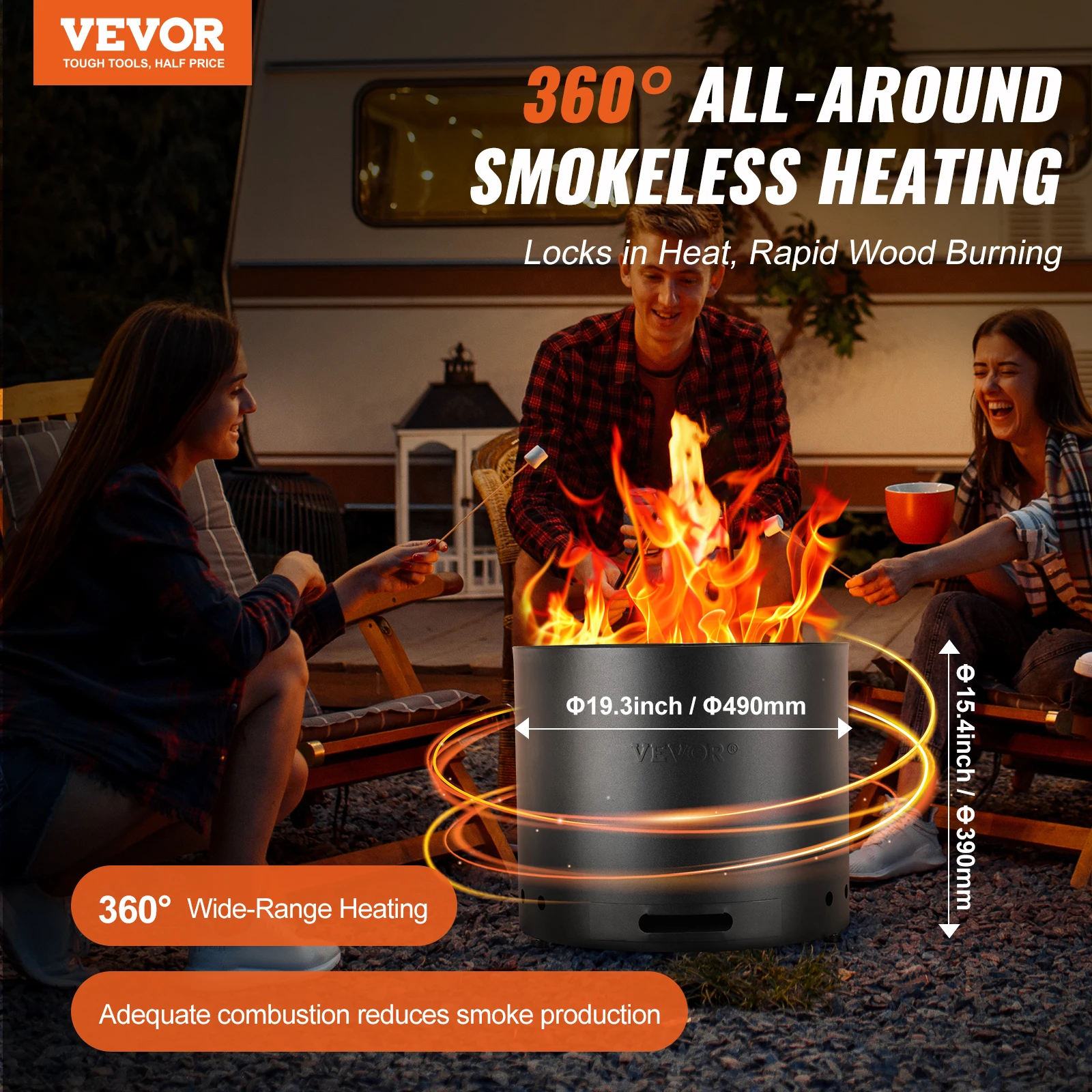 VEVOR Smokeless Fire Pit Stove Bonfire Wood Burning Fireplaces with Removable Ash Pan SUS430 Portable Outdoor Firepit for Patio