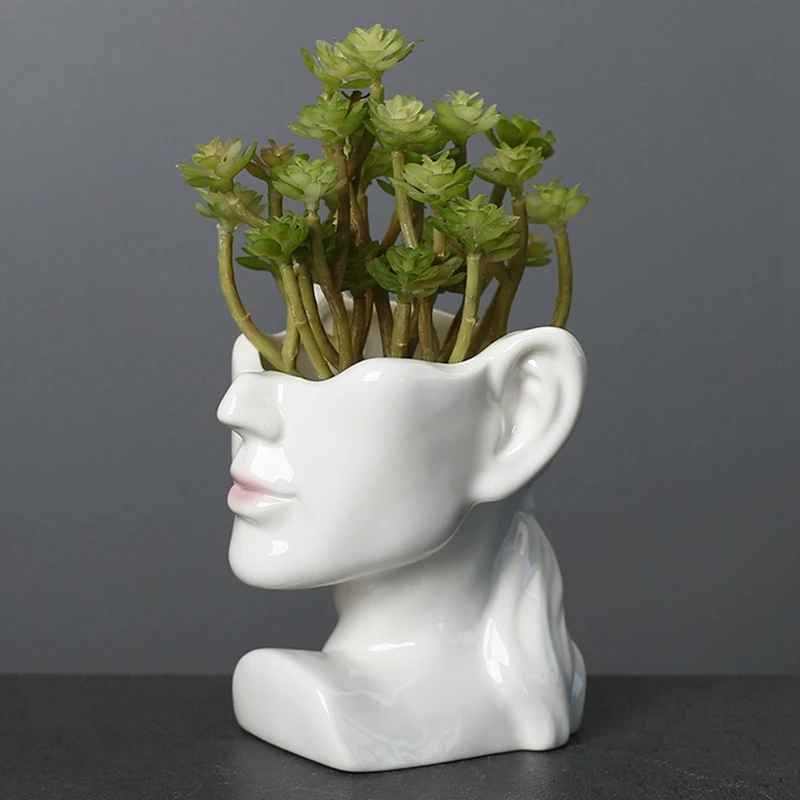 北欧の抽象的な肖像画の像の花瓶、多肉植物の植木鉢、セラミックプランター、排水穴のある屋内デスクトップ植物装飾