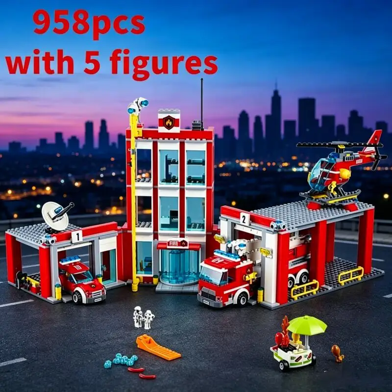 

2026 City Fire Station Helicopter Truck Garage Firehouse Building Blocks Set Bricks Compatible 60110 Model Festival Party Gift
