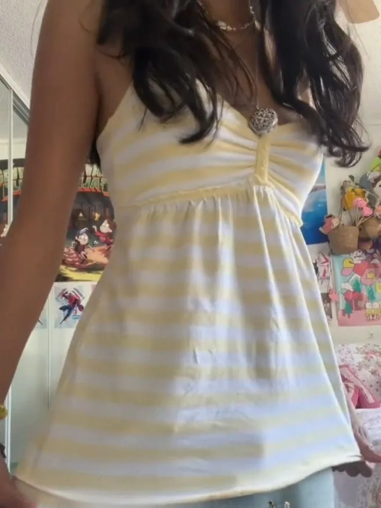Japanese Sweet Vest Women Clothing Vintage Striped Sleeveless Tees Fashion Summer Camis Ruffles Slim Fit Vintage Tank Ropa Mujer