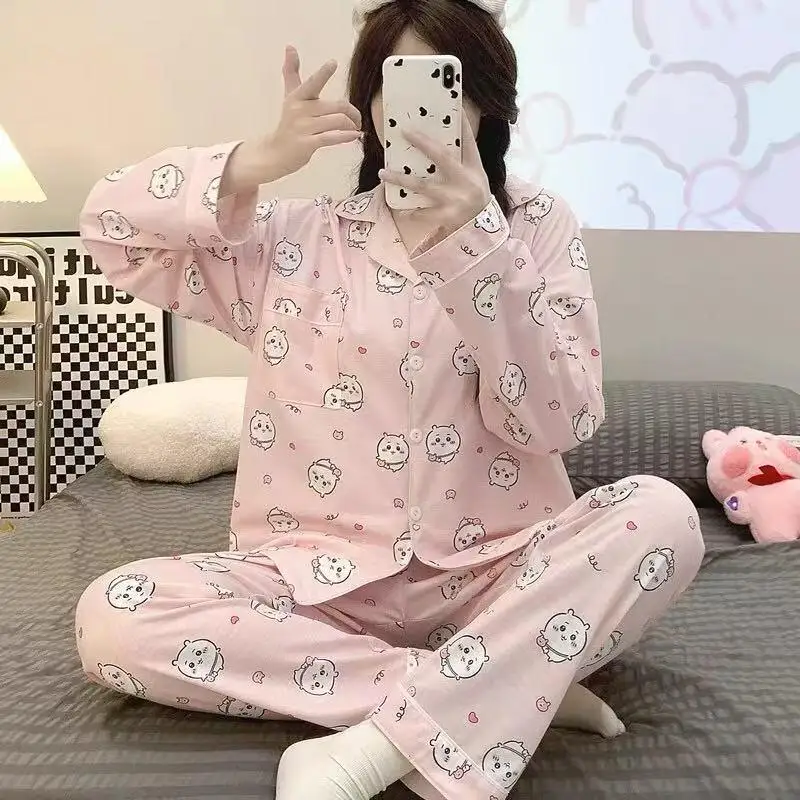 

Anime Women Pajamas Suit Usagi Chiikawa Cotton Cartoon Hachiware Spring Casual Home Wear Kawaii Long-Sleeved Pants Nightclothes
