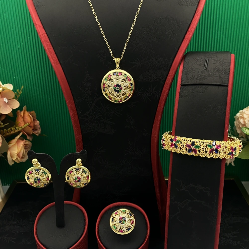 

JRH Daily Commute Light Luxury Women's Jewelry Set Gold Plated Copper Cubic Zirconia Bracelet Ring Necklace Earrings