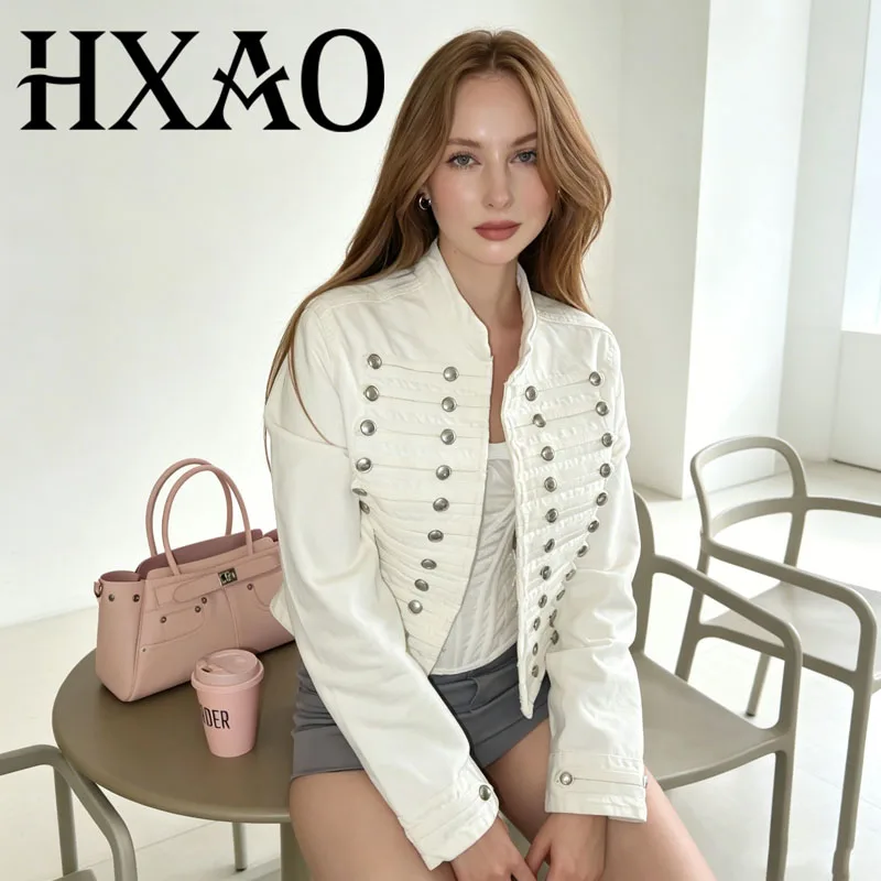 HXAO Women's Denim Jacket Coat Jeans Jacket Cropped White Blue Jean Jacket Woman Button Long Sleeve Casual Streetwear Outwear