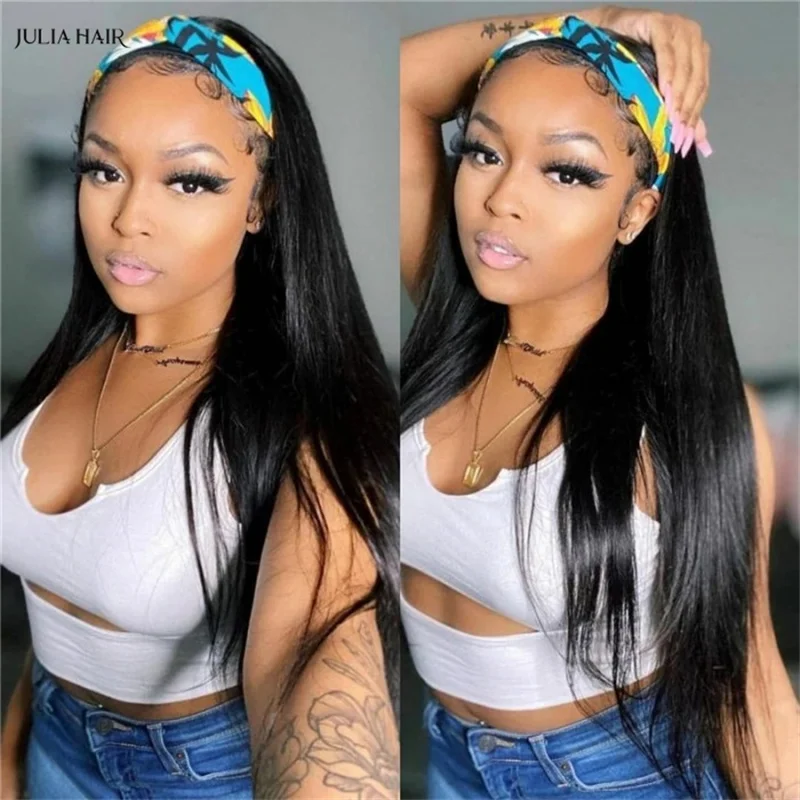 Julia Straight Hair Wig Headband Wig Long Straight Wigs Glueless Human Hair Wigs Natural Black 150% Density Easy to Install