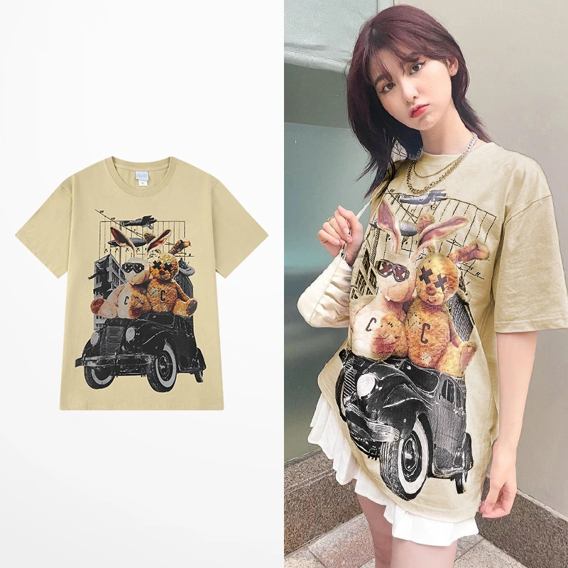 

Ins Style Retro Cartoon Rabbit Drive Car T Shirt Men High Street Skateboard Print T Shirts Men 100% Cotton Lovers Short Tee