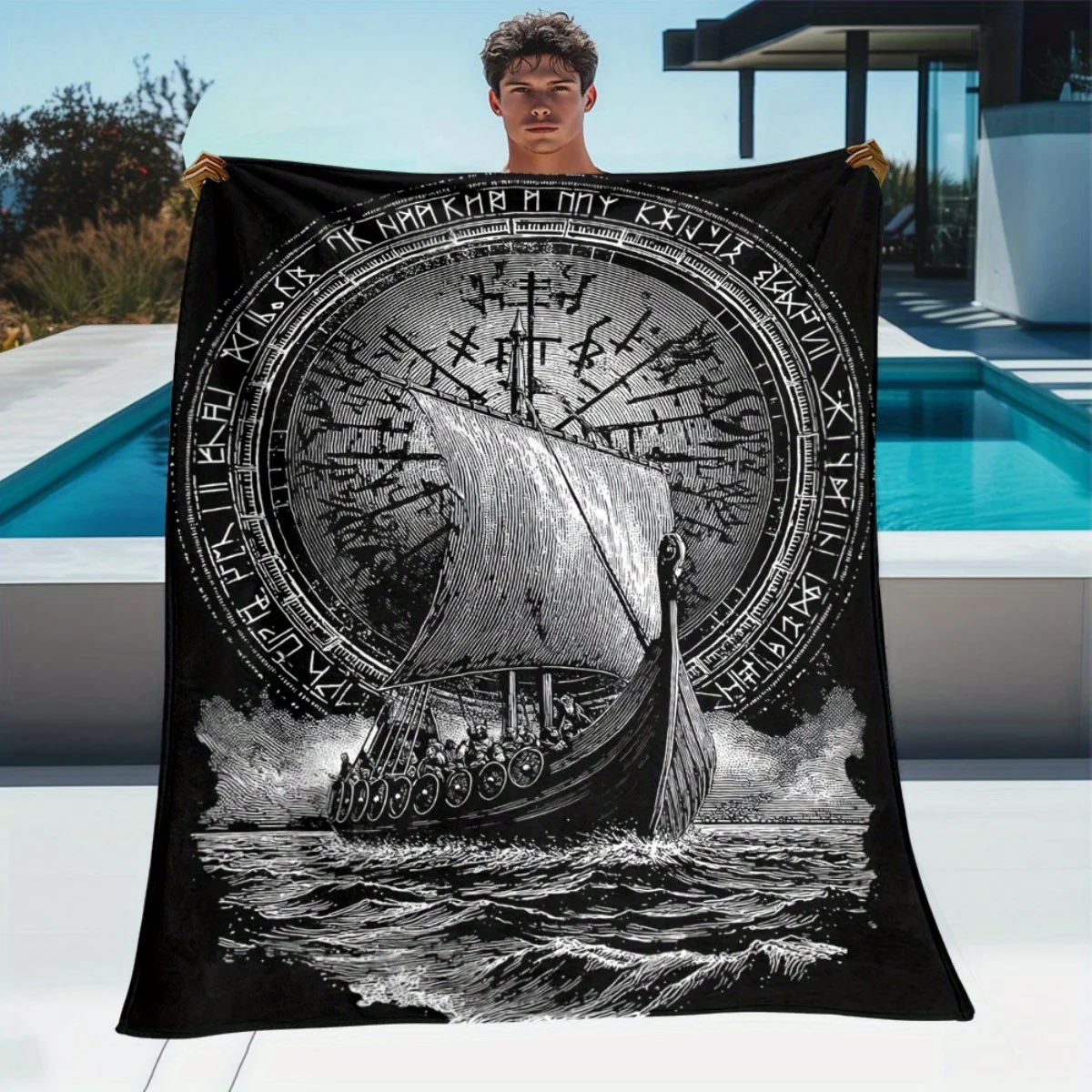 Custom Viking Ship Blanket Norse Compass Design Personalized Name Fleece Throw All Season Soft Warm Bedding Home Decor Gift