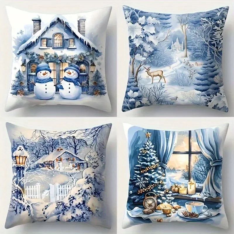 4PCS Christmas Winter Wonderland Throw Pillow Covers Set Snow Cabin Home Decor Cozy Holiday Accent Pillows Decoration Gift