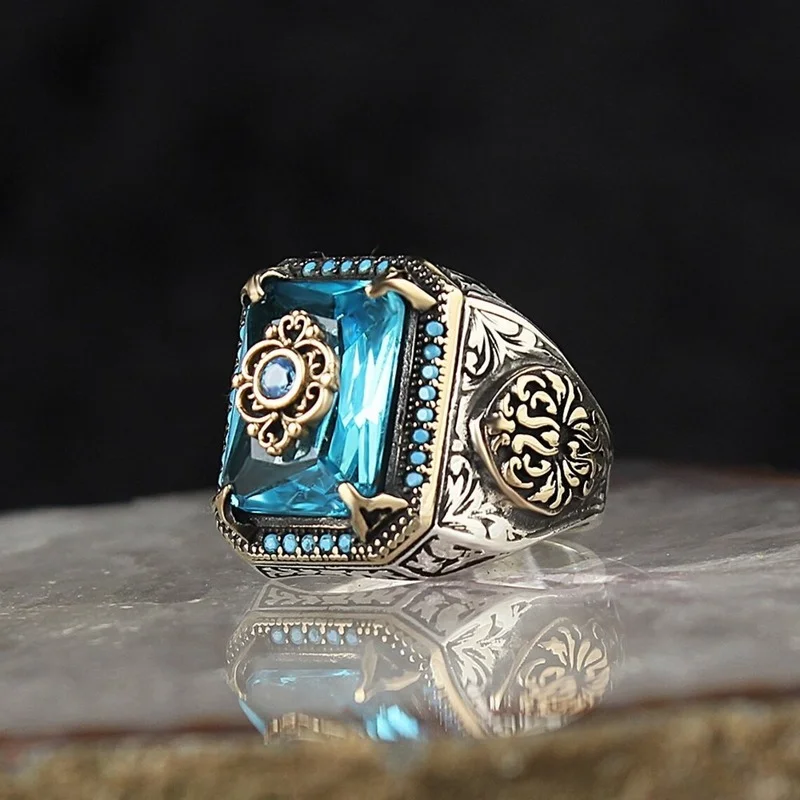 vintage Handmade Turkish Signet Ring For Men Women Ancient Silver Color Carved Eagle Ring Green Zircon Inlay Punk Motor Biker