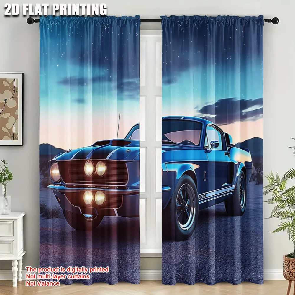 2pcs, Upscale Curtains  print Classic muscle car Polyester Easy Install (without rod) Thermal Insulation, and Room Darkening