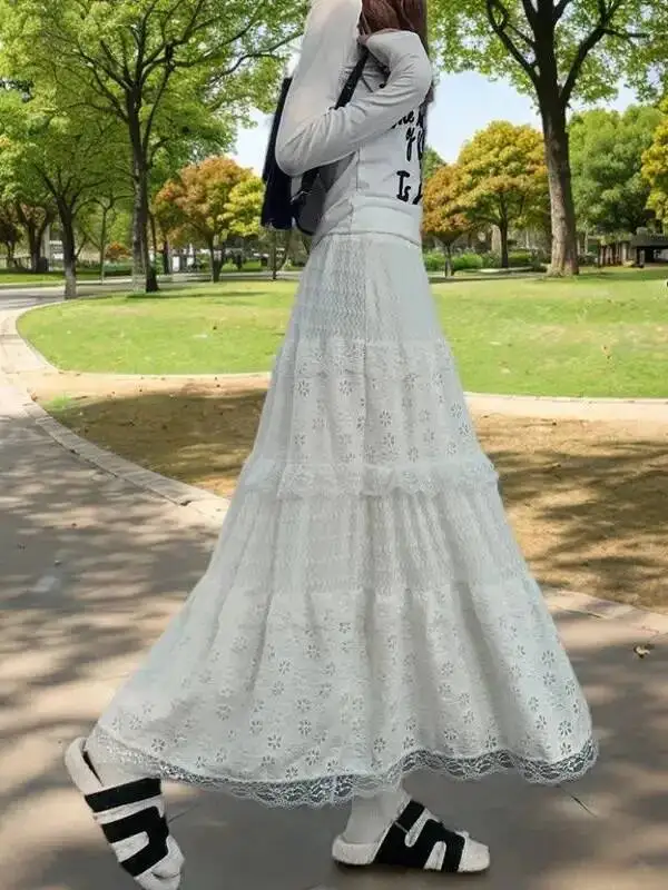 レーススカート女性フレンチスタイル足首までの長さの高弾性ウエスト中空アウトパッチワーク新しいルーズスリム韓国スタイル A ライン甘い OP8
