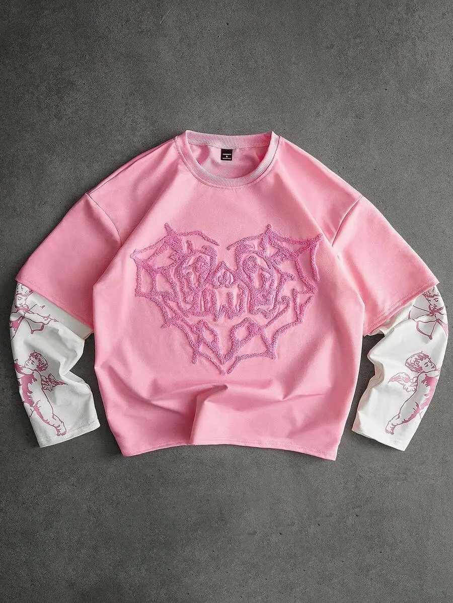 

Pink Cropped Layered Long Sleeve Top with Embroidered Heart & Angel Motif, Streetwear Style
