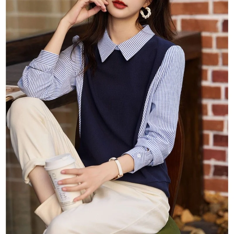 

Striped Pullover Lantern Long Sleeve Sweater Knitted Casual Patchwork Women's Clothing Turn-down Collar Fake Two Pieces Tops