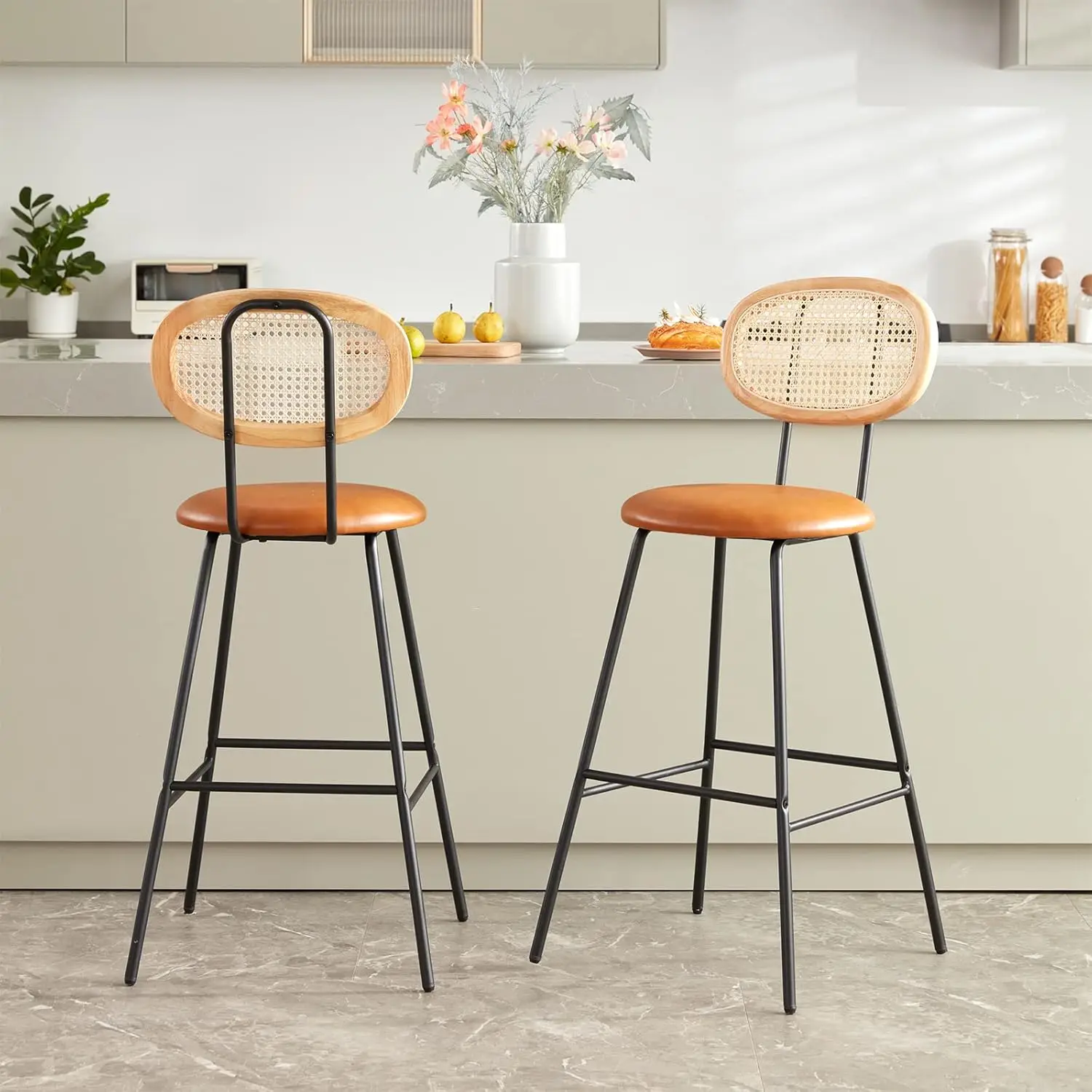 

30 Inch Bar Stools, Indoor Metal Barstools for Home, Faux Leather Counter Stool with Rattan Backrest