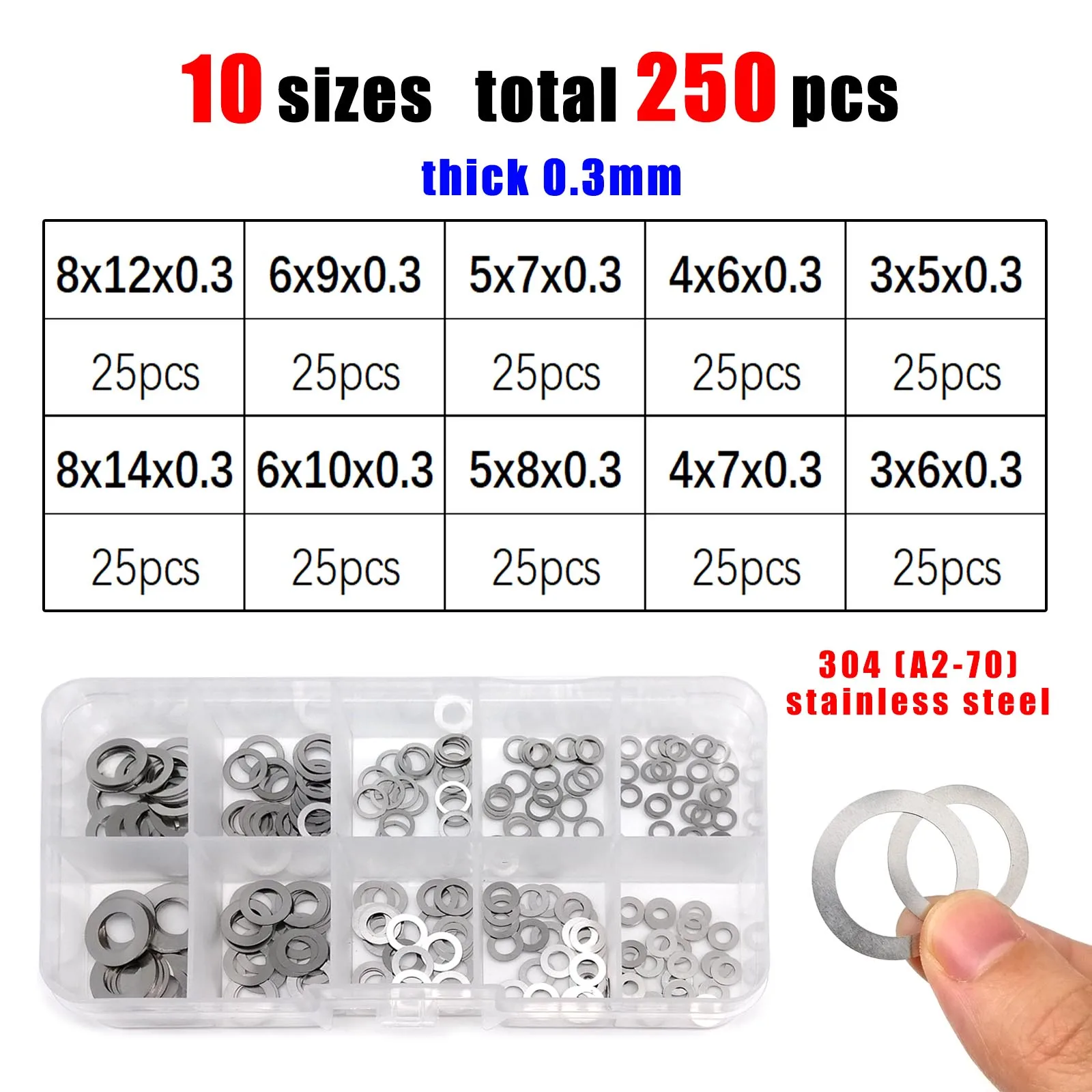 1 Box ultradünne, verstellbare Unterlegscheiben, verschiedene Größen: 0,1 mm, 0,2 mm, 0,3 mm, M3 bis M20, ultradünnes Flachdichtungsset, Edelstahl 304 – Detail 5