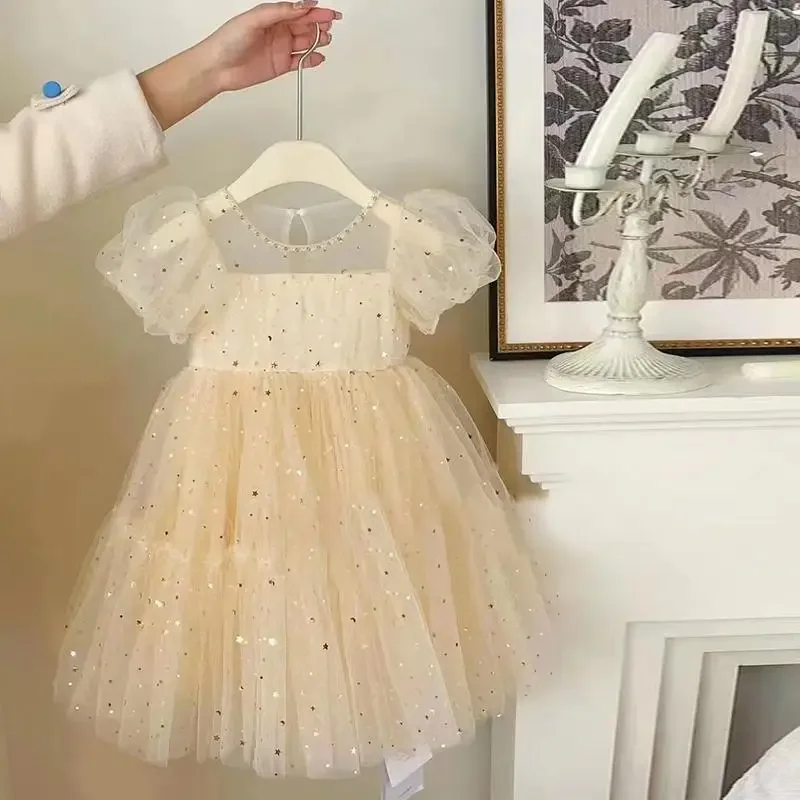 Girl's Birthday Princess Dress Sweet Round Neck Sequin Patchwork Lace Short Sleeve Kids Clothing Bandage Gauze Summer Dresses