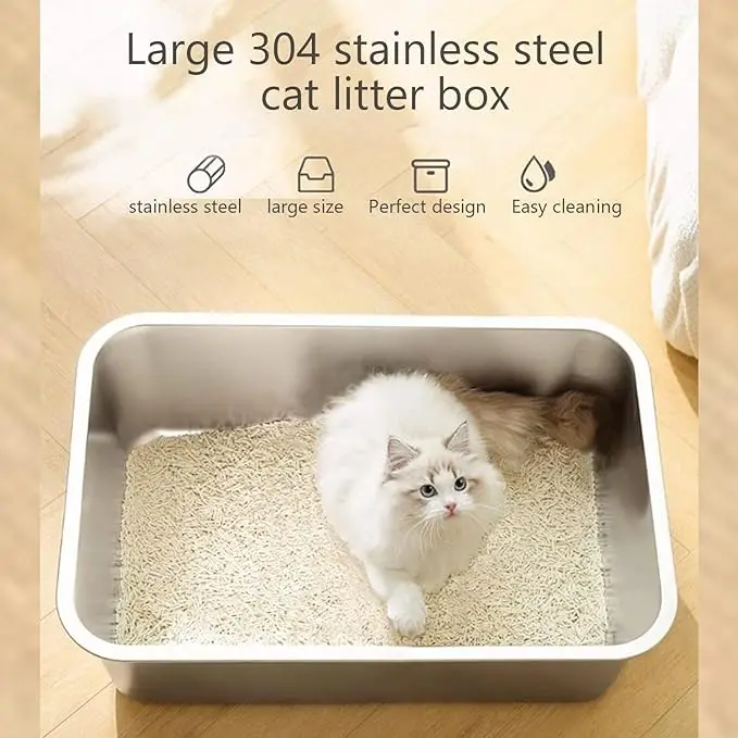 

Stainless steel litter box, large metal litter box for cats and rabbits, won't adsorb odors, no stains, rust-proof, nonstick