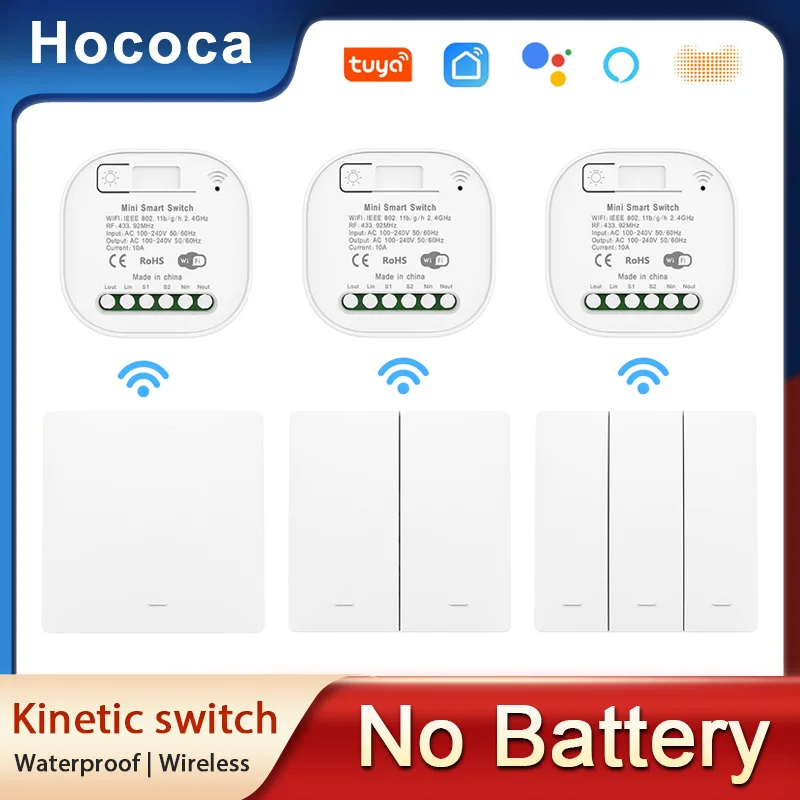 Outdoor Waterproof Smart Light Switch 1/2/3 Gang Tuya WiFi Self Powered No Battery Required with App & Voice Remote Control