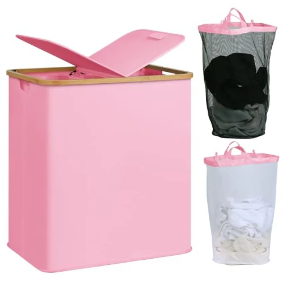 

Laundry Hamper with Lid Double Laundry Hamper with 2 Removable Bags 2 Section Laundry Basket with Bamboo Handles for Bathroom B