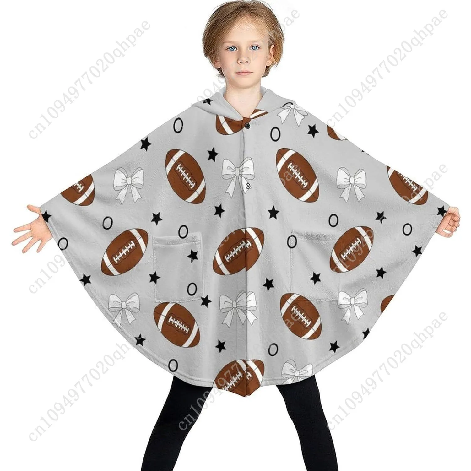 سترة بطانية مريحة من الفلانيل، هوديي كبير الحجم بأقواس كرة القدم مع جيوب للأطفال والمراهقين