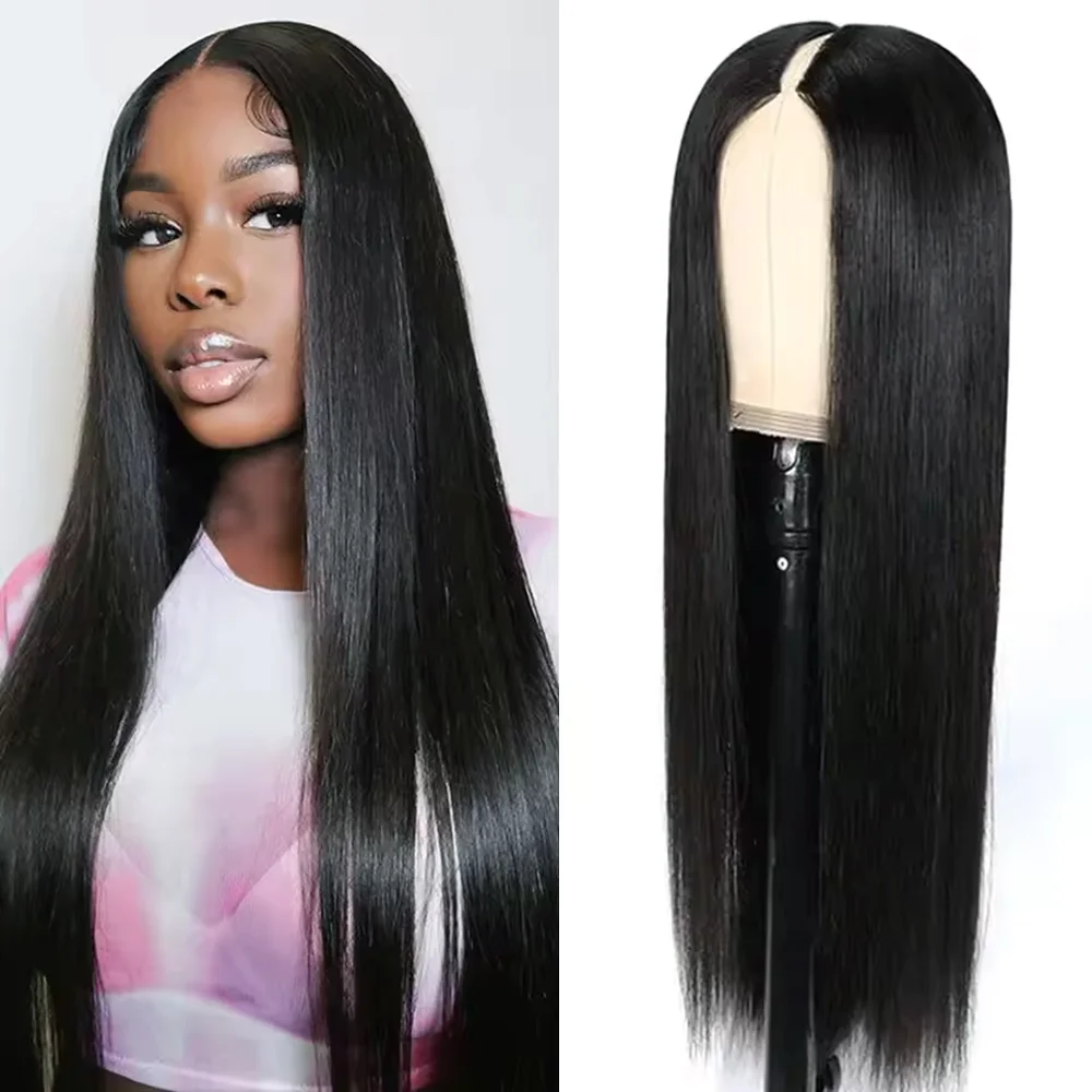 Perruques V-Part en cheveux humains lisses, densité 200, sans extension, sans colle, noir naturel, convient aux débutantes, 32 pouces