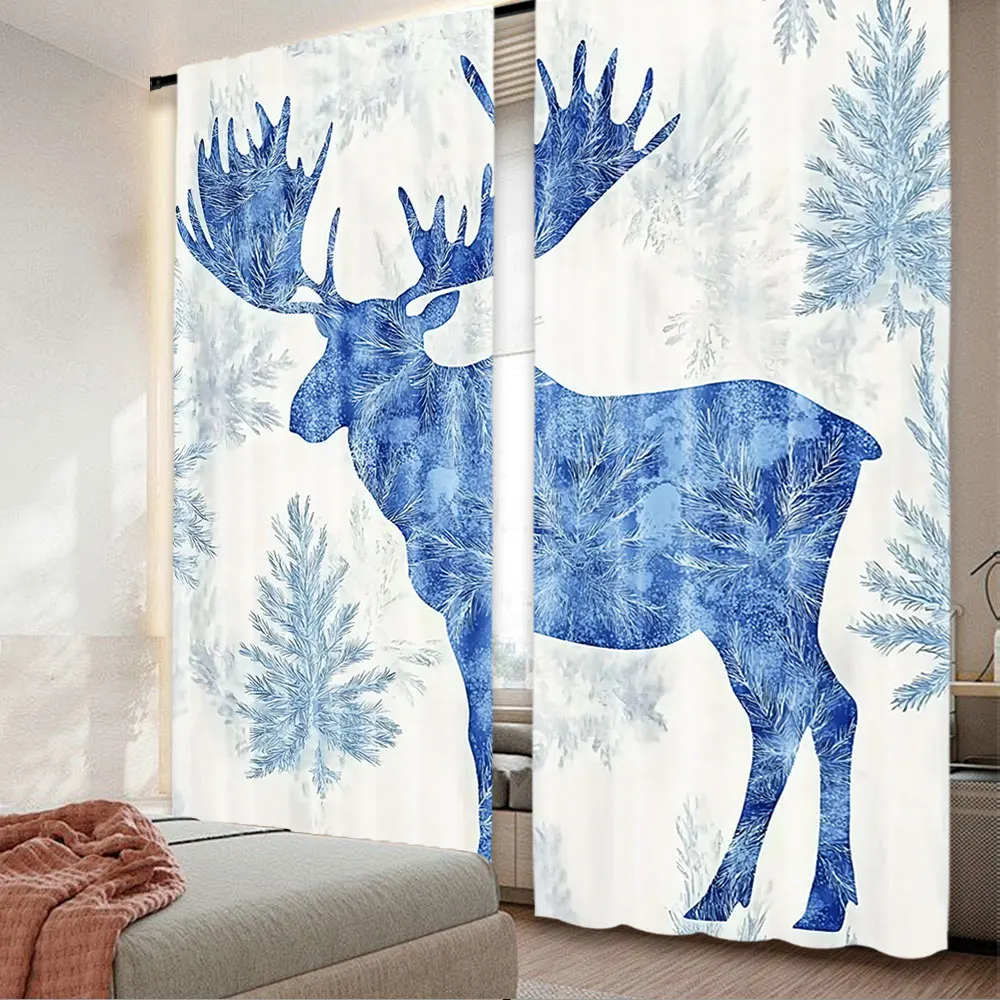 2Pcs Moose Curtain Pine Needles Spruce Tree Antlers Deer Family Snow Winter Horns Suitable For Living Room Bedroom Kitchen And