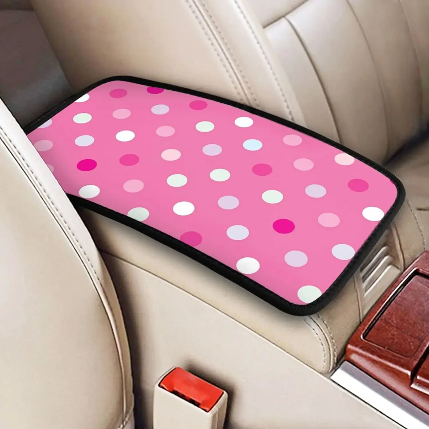 Vehicle Center Console Armrest Cover Pad, Pink Polka Dots Soft Comfort Car Handrail Box Cushion Universal Fit for Most Auto, Van