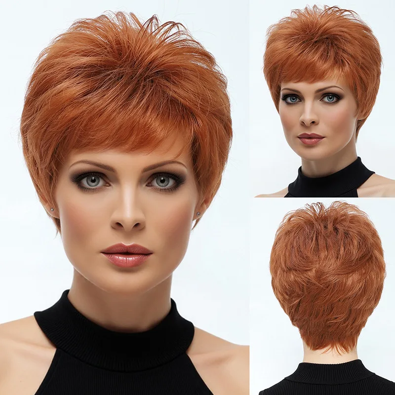 European and American wig fashionable dark orange mixed color fluffy and upturned short hair cover-Synthetic fiber wig