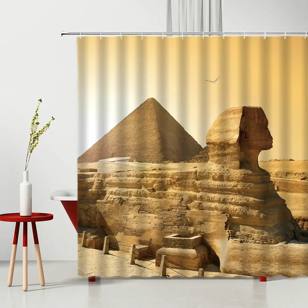 Egyptian Landscape Print Shower Curtains Tourist Attraction Pyramid Sphinx Waterproof Polyester Fabric Multiple Size With Hooks