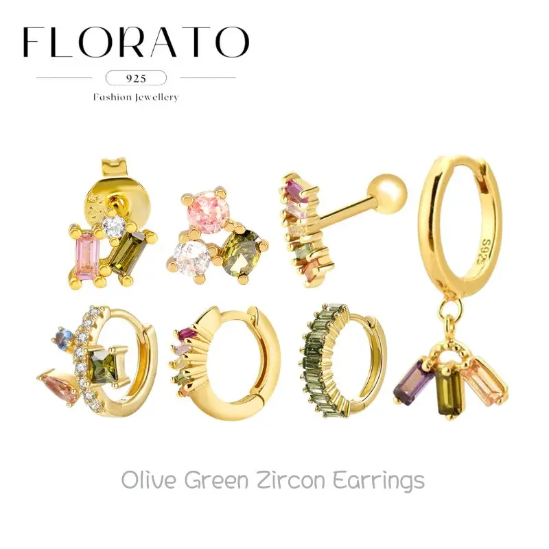 

925 Silver Ear Needles Olive Green Geometric Zircon HOOP Earrings For Women Niche Luxury Series Fashion Party Jewelry Gifts.