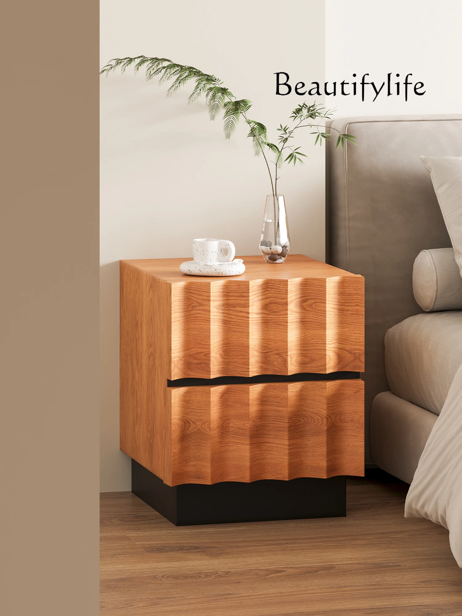 Solid Wood Simple Water Ripple Bedside Living Room Bedroom Home Bedside Cabinet Movable Locker