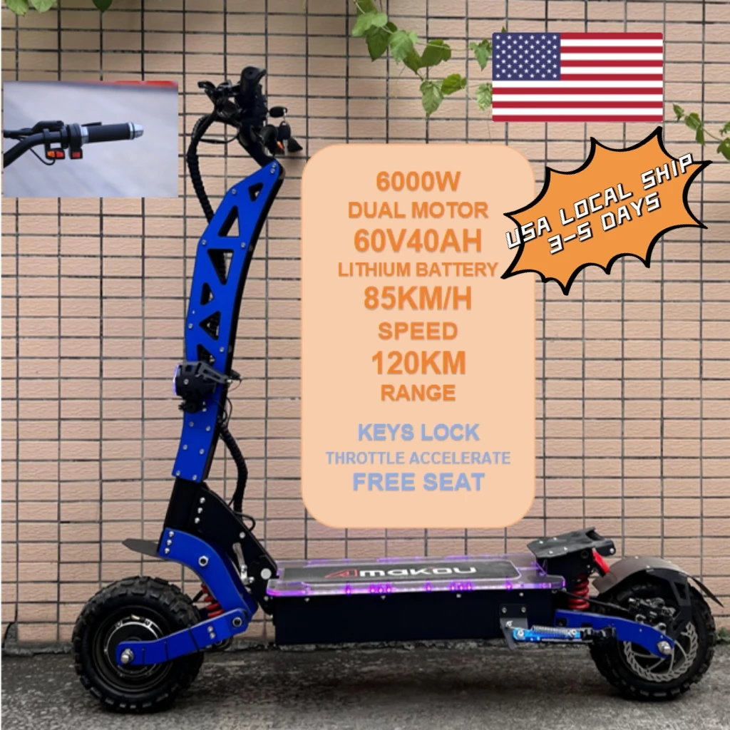

USA 6000W 60V 40Ah 11 inch off-road tyre trottinettes électriques dual motors removable seat skutery folding electric scooter