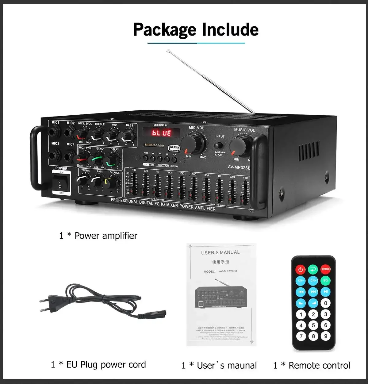 2000W 5.0 bluetooth 2 Channel Audio Power HiFi Amplifier 326BT 12V/220V AV Amp Speaker with Remote Control 4 Micro for Car Home
