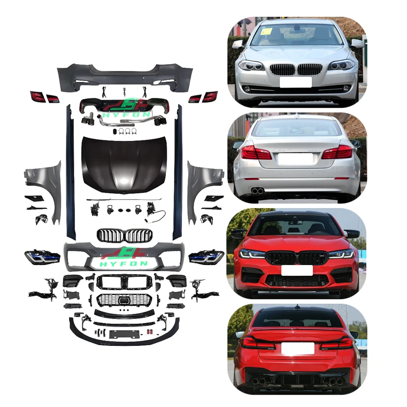 

Для BMW 5 серии F10 F11 F18 2010-2017: Обновление до стиля G38 LCI M5 CS 2023 года, комплект обвеса и фар, установка без повреждений, подключи и работай.